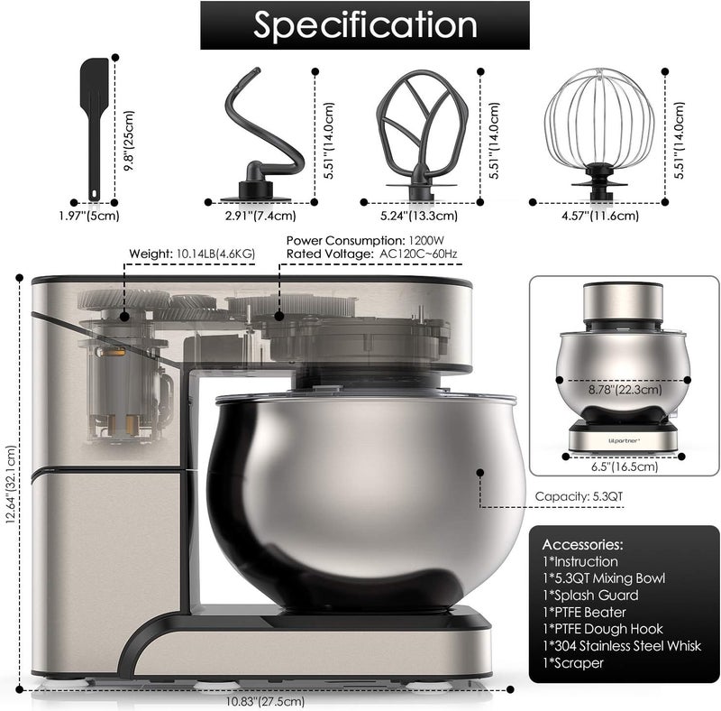 LILPARTNER Stand Mixer, Stainless Steel Mixer 5.3-QT LCD Display Food Mixer, 6+P Speed itchen Electric Mixer Tilt-Head Mixer with Stainless Steel Bowl, Dough Hook, Beater, Whisk - Image 3